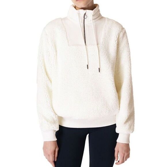 New Sweaty Betty Sherpa Half Zip Sweatshirt Sweater SOFT Lily White Womens US 10 - Picture 1 of 3